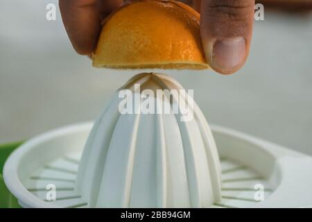 Man drückt frisches orangefarbenes Obst auf Entsafter, gesundes Frühstück, Vitamin Stockfoto