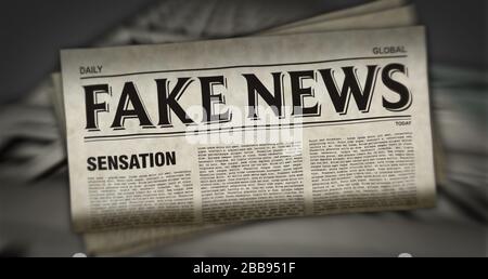 Gefälschtes Nachrichtenpapier, das 3D-Illustrationen druckt. Hoax Media Press produziert und verbreitet abstraktes Konzept. Stockfoto