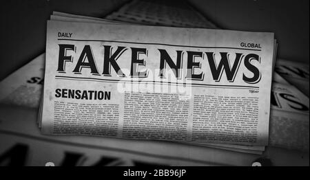 Gefälschtes Nachrichtenpapier, das 3D-Illustrationen druckt. Hoax Media Press produziert und verbreitet abstraktes Konzept. Stockfoto