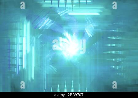Neon leuchtende Linien und Formen fliegen im Raum. Geometrische Sci-Fi-Struktur. Abstrakt kreativ modernen Hintergrund Stockfoto