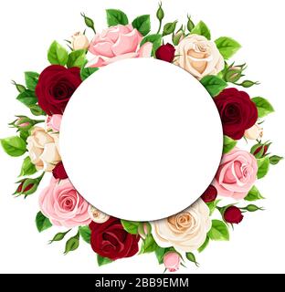 Vektor-Gruß oder Einladungskreiskarte mit pinkfarbenen, weinroten und weißen Rosen. Stock Vektor