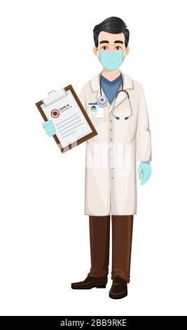 Arzt, der während des Coronavirus-Ausbruchs Covid-19 im Krankenhaus arbeitet. Cartoon-Charakter des Arztes mit Zwischenablage. Vektorgrafiken Stock Vektor