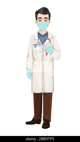Arzt, der während des Coronavirus-Ausbruchs Covid-19 im Krankenhaus arbeitet. Cartoon-Charakter des Arztes mit Reagenzglas. Vektorgrafiken Stock Vektor