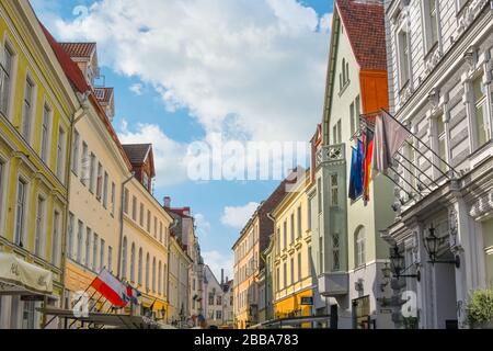 Die Skyline einer Reihe farbenfroher Gebäude an der touristischen Vene Straße im mittelalterlichen Zentrum von Tallinn Estland. Stockfoto