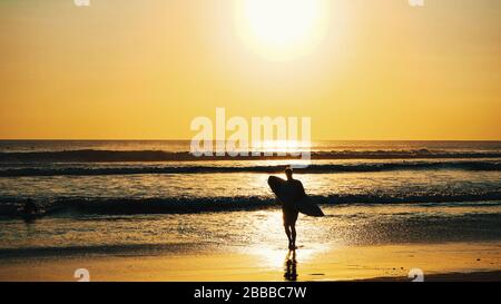 Silhouetten von Surfern laufen bei Sonnenuntergang am Strand Stockfoto