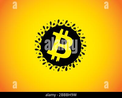 Bitcoin-Hintergrundbild. Gelb - orangefarbener Hintergrund mit schwarzem abstraktem BTC-Symbol in der Mitte des Hintergrundbilds. Stock Vektor