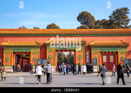 Peking, China - 9. Januar 2020: Unidentifizierte Menschen in einem kaiserlichen Hof in der Verbotenen Stadt Stockfoto