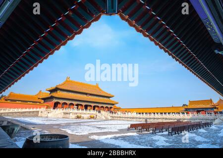 Peking, China - 9. Januar 2020: Qianqinggong (Palast der himmlischen Reinheit) ist der Hauptpalast der Wohnzone der verbotenen Stadt und einer von drei Palastes Stockfoto