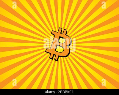 Orange-gelbe Strahlen Hintergrund mit Bitcoin-Symbol in der Mitte. Lichtstrahlen, die sich auf das BTC-Zeichen in der Mitte des Hintergrunds konzentrieren. Stock Vektor