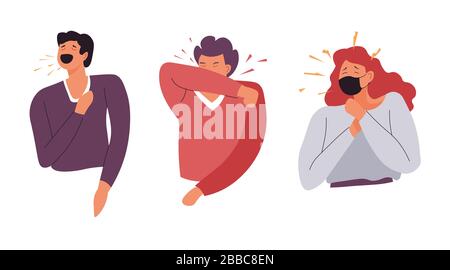 Coronavirus Infektion verbreitet, Menschen, die Masken tragen, die im Ellenbogen kaugen Stock Vektor