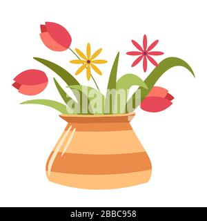 Rustikale Vase mit Blumenstrauß, Tulpen und Laub Stock Vektor