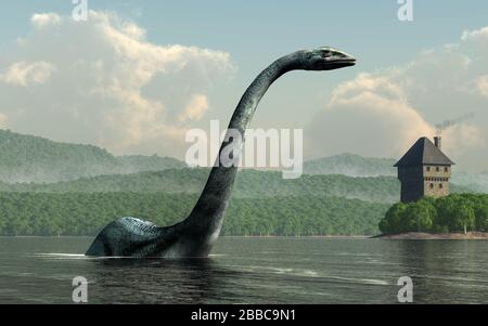 Nessie, das berühmte Seeungeheuer von Loch Ness in Schottland, lebt aus dem Wasser des Sees zurück. Dahinter sitzt eine Burg am Ufer. 3D-Rendering Stockfoto