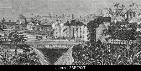 Isla de Cuba (colonia española). Vista de Puentes Grandes. Grabado por Traver. Crónica General de España, Historia Ilustrada de sus Provincias. Tomo Las Antillas, 1871. Stockfoto