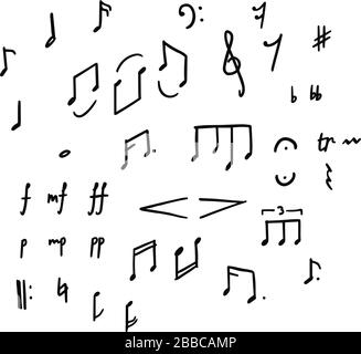 Satz handgezeichneter Musiknotizen und Symbole. Doodles und Skizzen. Vektor Stock Vektor