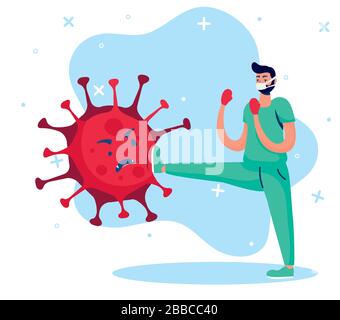 Doktor, der gegen Virus-Comicfiguren kämpft Stock Vektor