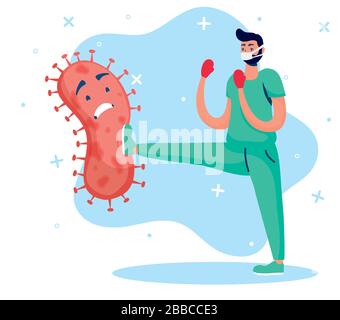 Doktor, der gegen Virus-Comicfiguren kämpft Stock Vektor