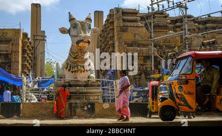 Madurai, Indien - März 2020: Menschen, die am 10. März 2020 in Madurai, Indien, um den blauen Nandi vor dem Eingang des Pudhu Mandapa spazieren. Stockfoto