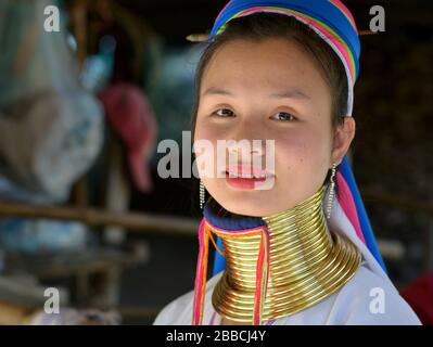 Hübsches thailändisches/birmanisches Mädchen aus Kayan mit langem Hals ("Giraffe Woman") mit poliertem Stammes Padaung-Messinghalsringen/Spulen lächelt für die Kamera. Stockfoto