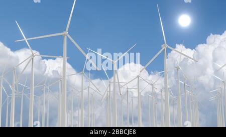 Windturbinenpark Sky. 3D-Rendering Stockfoto