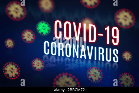 Kovid-19 Coronavirus Text mit Tropfenvirusabbildung über Weltkarte auf blauem Stadthintergrund übertragen.Gefahr Krankheit Ursache für Krankheit Stockfoto