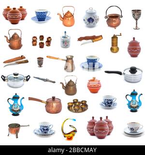 Sammlung verschiedener Gerichte und Werkzeuge auf weißem Hintergrund. Volle Größe. Stockfoto