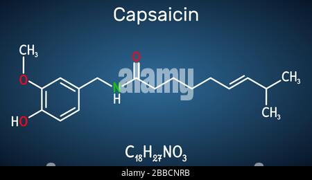 Capsaicin, Alkoid, C18H27NO3-Molekül. Es handelt sich um Chili Pfefferextrakt mit nicht narkotischen Analgetika. Strukturelle chemische Formel auf dem dunklen bl Stock Vektor