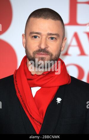 London, Großbritannien - 21. Februar 2018: Justin Timberlake besucht die Brits Awards in der O2 Arena in London, Großbritannien. Stockfoto