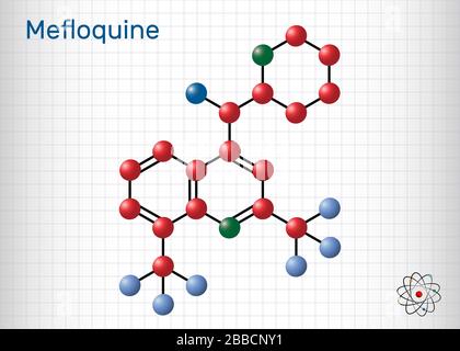 Mefloquin, C17H16F6N2O antimalariales Wirkstoffmolekül. Es handelt sich um Medikamente zur Behandlung der Malaria, der Coronavirus-Krankheit COVID-19. Molekularmodell. Blatt mit PAP Stock Vektor
