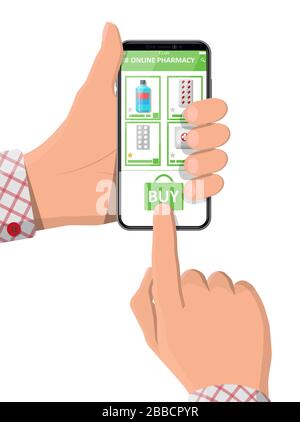 Hand-Handgerät mit Internet-Apotheke-Einkaufs-App. Medizinische Hilfe, Hilfe, Support online. Anwendung im Gesundheitswesen auf dem Smartphone. Vektorgrafiken in flacher Ausführung Stock Vektor