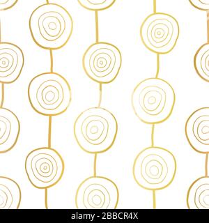 Metallische goldene Kreise entlang vertikaler Linien abstrakieren ein nahtloses Vektormuster. Moderner eleganter Hintergrund handgezeichnete glänzende Goldfolie kreist auf weiß Stock Vektor