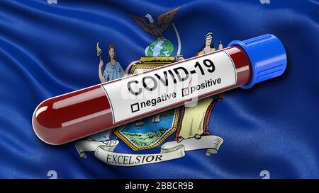 US-Staatsfahne von New York mit einem positiven Corona-Virusblut-Test Stockfoto
