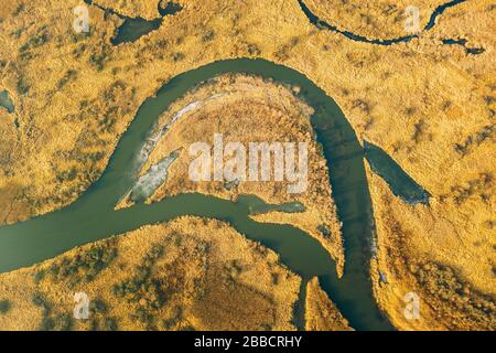 Weißrussland. Luftaufnahme Von Trockenem Gras Und Teilweise Gefrorener, Geschwungener Flusslandschaft Am Späten Herbsttag. Ansicht Mit Hoher Einstellung. Marsh Bog. Drone-Ansicht. Vogelperspektive V Stockfoto