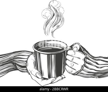 Hände eines Mädchens, das eine Tasse Kaffee, Tee hält, guten Morgen isoliert auf weißem Hintergrund handgezeichnete Vektorgrafiken realistische Skizze. Stock Vektor