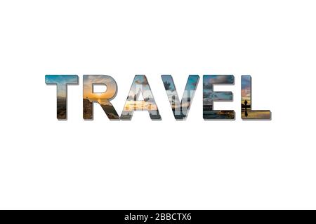 Das Wort Reise mit Fotos im Inneren Stockfoto