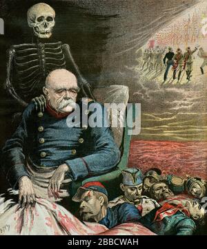 Meyer Henri (* um 1899 in Paris) - Karikaturenporträt von Otto von Bismarck, während er sich dem Tod nähert, betrachtet er die Leichen französischer Soldaten - Privatsammlung Stockfoto