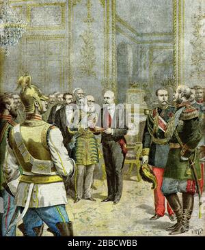 Meyer Henri (* um 1899 in Paris) - der russische Diplomat Baron de Mohrenheim, der Zar Nicolas 2 vertritt, übergibt dem Präsidenten der französischen Republik Herrn Felix Faure die Kette des Andreas-Orden im Jahre 1895, um die Freundschaft zwischen Franco und der russischen Privatsammlung zu besiegeln Stockfoto