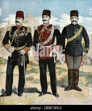 Meyer Henri (* um die Zeit von 150-1899 in der Armee; osmanischer Armeeoffizier von links nach rechts Sadik Bey, Riza Bey, Chefket Bey - Privatsammlung Stockfoto