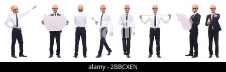 Panorama Foto Collage von qualifizierten Architekten isoliert auf weißem Stockfoto