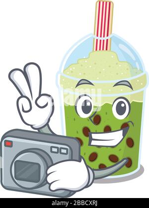 Matcha Bubble Tea Maskottchen Design als professioneller Fotograf mit Kamera Stock Vektor