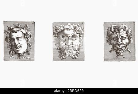 Drei groteske Masken des italienischen Künstlers Adamo Scultori, 1530 - 1585, nach dem italienischen Mitreisenden Giulio Romano, 1499 - 1546. Stockfoto