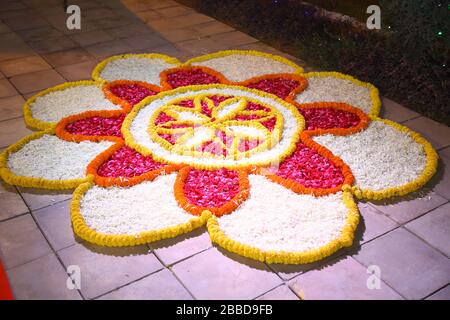 Blume Rangoli. Dekoration durch Blumen für Festivals auf dem Boden. Diwali, Pongale Blume Ranagoli Stockfoto