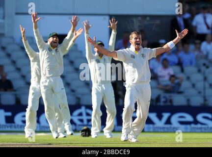 Australiens Peter Siddle feiert die Teilnahme am Wicket von Englands Tim Bresnan Stockfoto