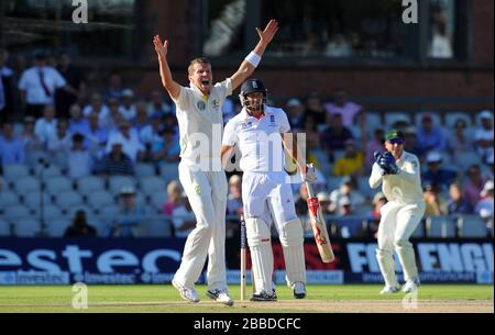 Australiens Peter Siddle feiert die Teilnahme am Wicket von Englands Tim Bresnan Stockfoto