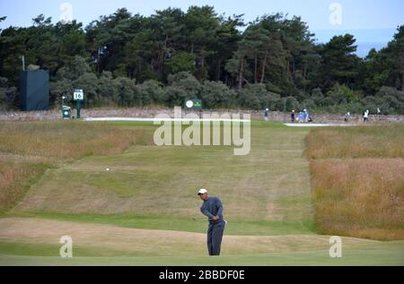 Tiger Woods während des zweiten Übungstages für die Open Championship 2013 im Muirfield Golf Club, East Lothian Stockfoto