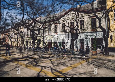 Tree Shadows and Street Cafe in Subotica Stockfoto