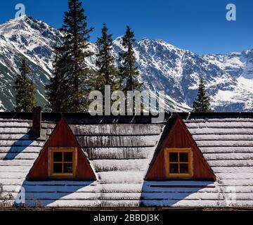 Chalet bleibt in den schneebedeckten Bergen zwischen Nadelwald, Polen, Tatra Stockfoto