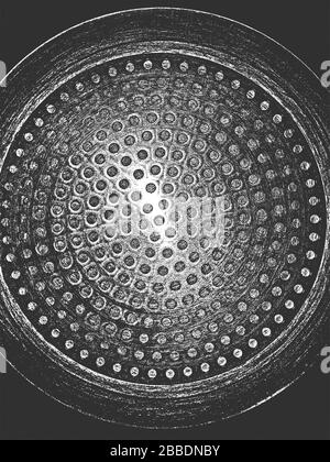 Alte verrostete geschälte, geschrägte Metallvektor-Textur mit runden Löchern und Kreisen in Bedrängnis. EPS8-Abbildung. Schwarz-weißer Grunge Hintergrund. Stock Vektor