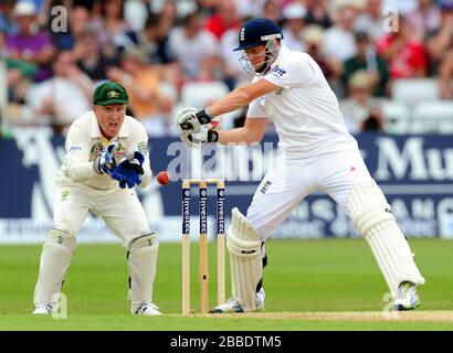 Englands Jonny Bairstow am Tag eines der ersten Investec Ashes Testmatches in Trent Bridge, Nottingham. Stockfoto