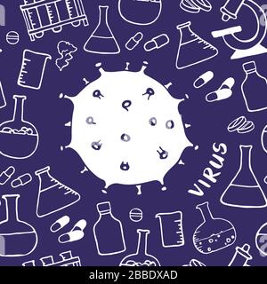 Medizin nahtloses Doodle-Muster mit Virus- oder Bakteriensymbol. Handgezeichnete Krankenpflege, Apotheke, medizinischer Cartoon-Hintergrund. Vektorgrafiken. Stock Vektor