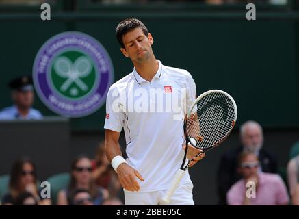 Serbiens Novak Djokovic reagiert in seinem Spiel gegen Argentiniens Juan Martin Del Potro Stockfoto